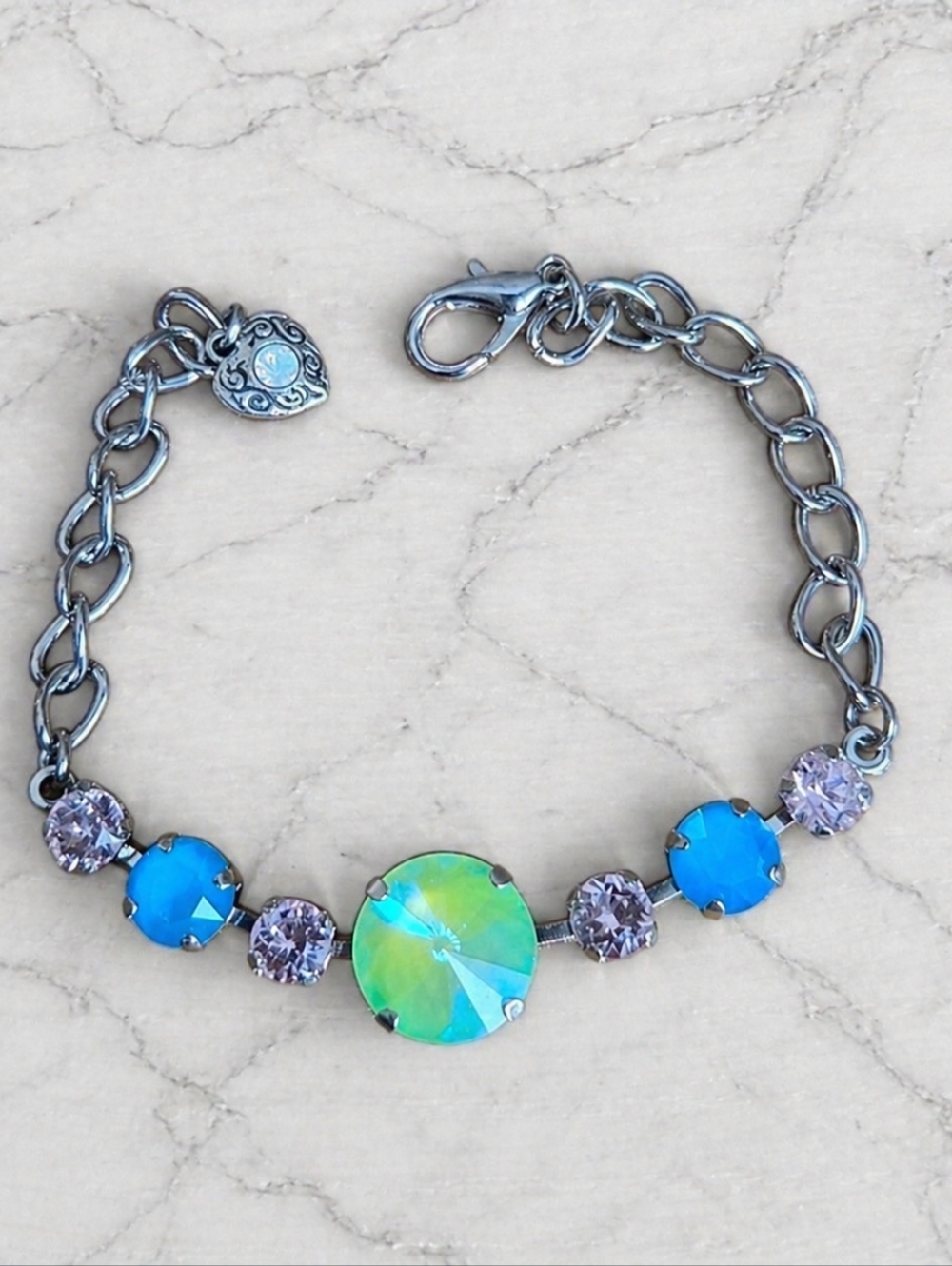 Green, Blue & Pink Crystal Rhodium Chain Bracelet | Handmade